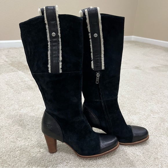 UGG Black Heeled Boots with Cream Accents - Picture 2 of 16